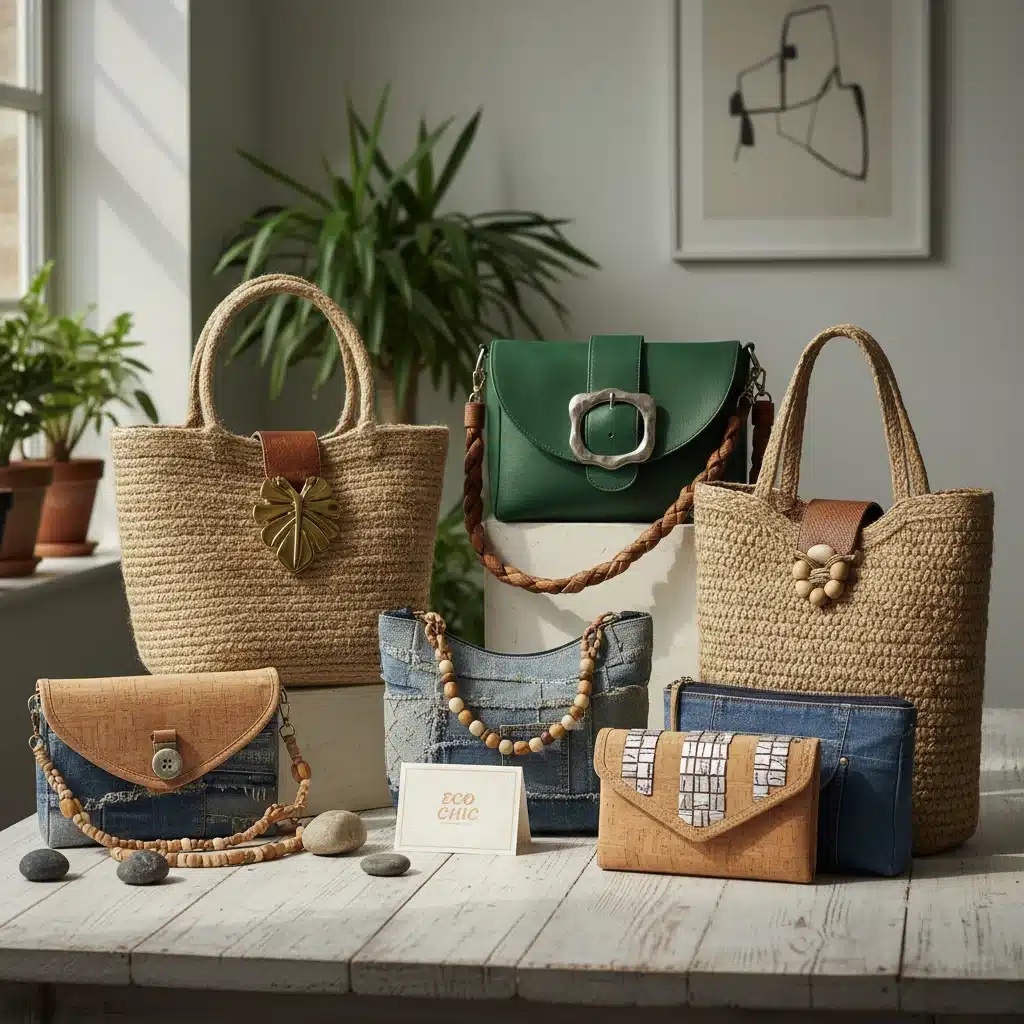 Assortment of sustainable and ethically sourced handbags on a wooden table