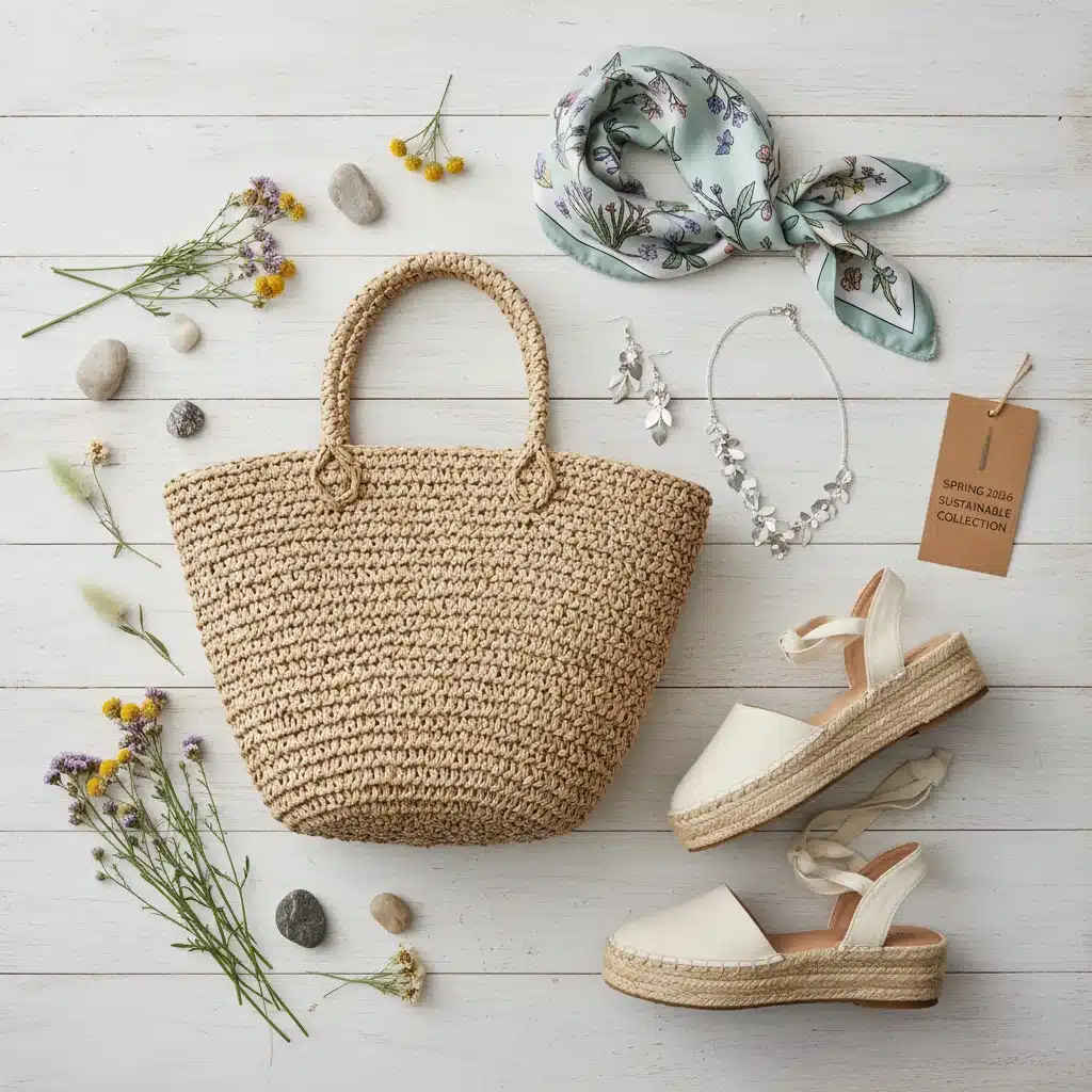 Assortment of sustainable Spring 2026 accessories: straw bag, recycled jewelry, espadrilles, and silk scarf.
