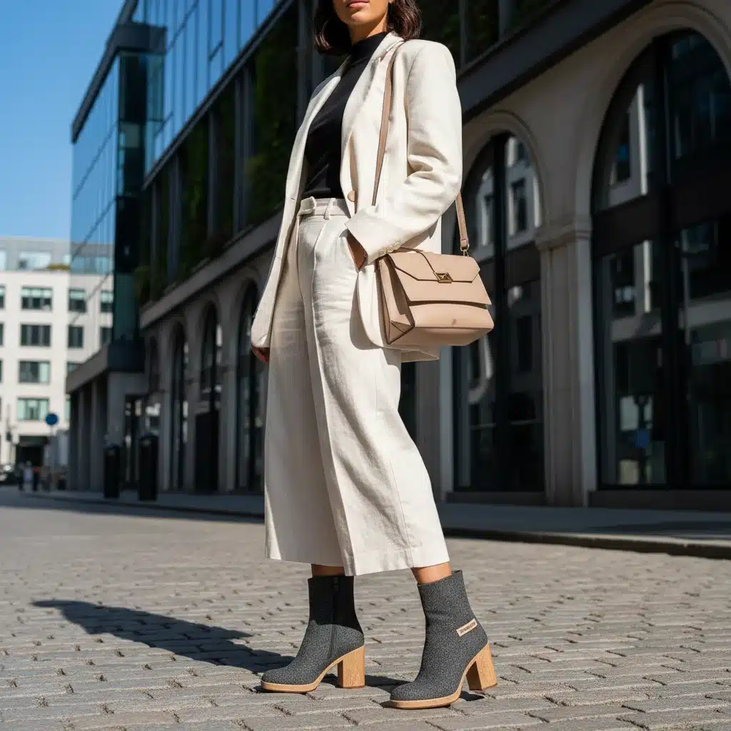 Stylish sustainable ankle boots paired with a modern outfit in an urban setting