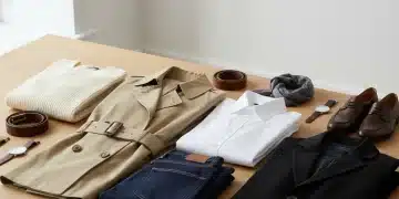 Neatly arranged classic clothing items for a timeless capsule wardrobe, featuring neutral colors and high-quality fabrics.
