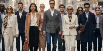Stylish individuals in classic tailored fashion, demonstrating timeless elegance in an urban setting.