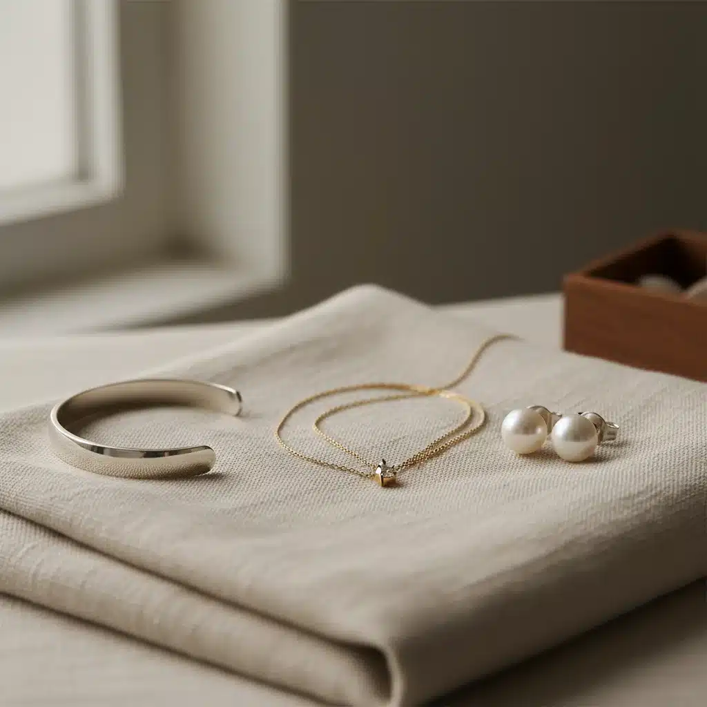 Minimalist gold, silver, and pearl jewelry, representing timeless accessory investments.