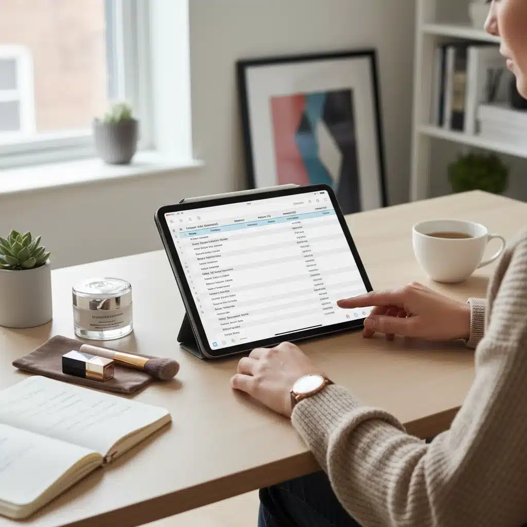 Woman tracking beauty expenses on a tablet, symbolizing financial planning for a beauty budget.