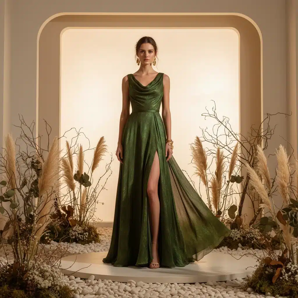 Fashion model wearing a sophisticated deep earthy green outfit, showcasing the 'Verdant Echo' trend.