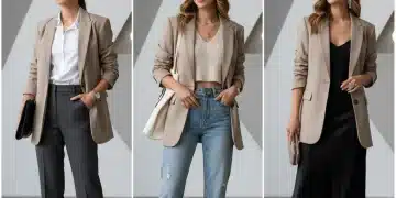 Woman styling a versatile blazer in three distinct outfits: business, casual, and evening. Wardrobe versatility concept.