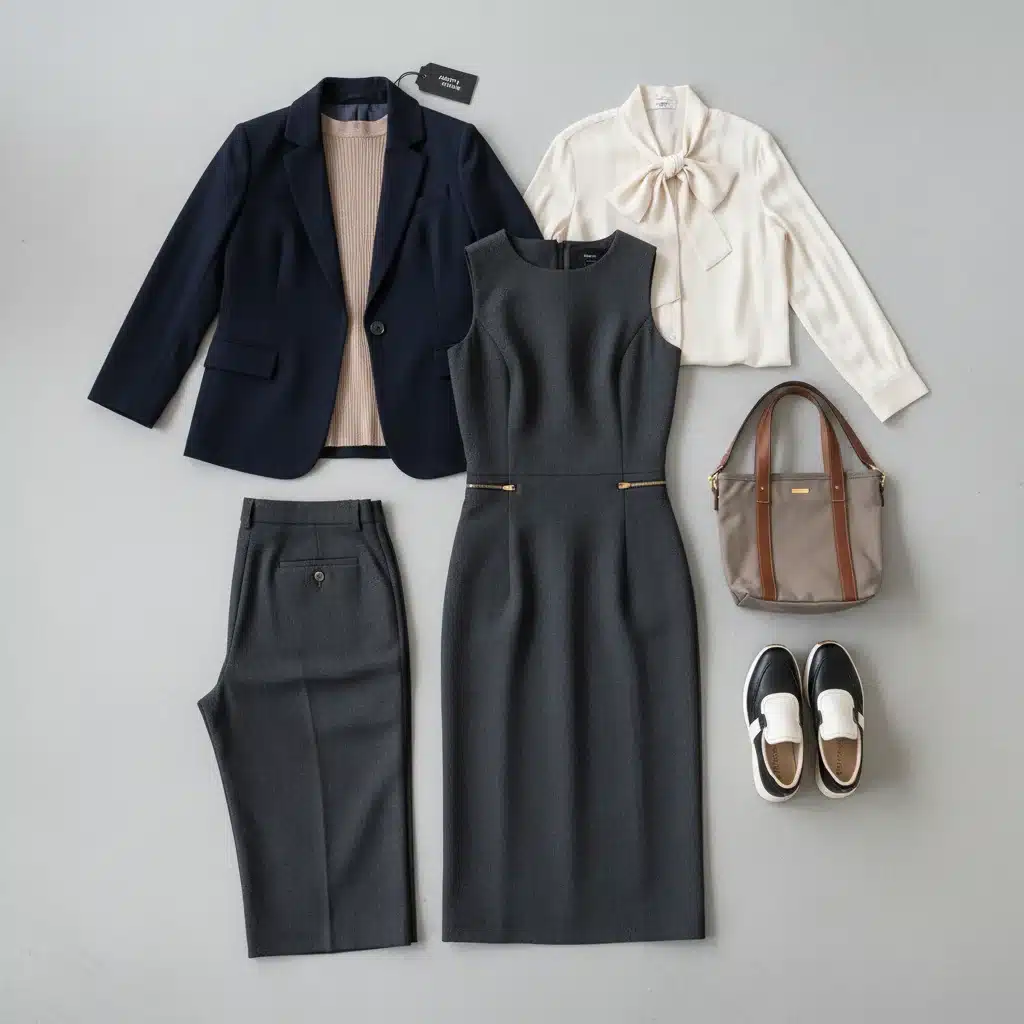 Versatile capsule wardrobe items for modern professional women, emphasizing adaptability.