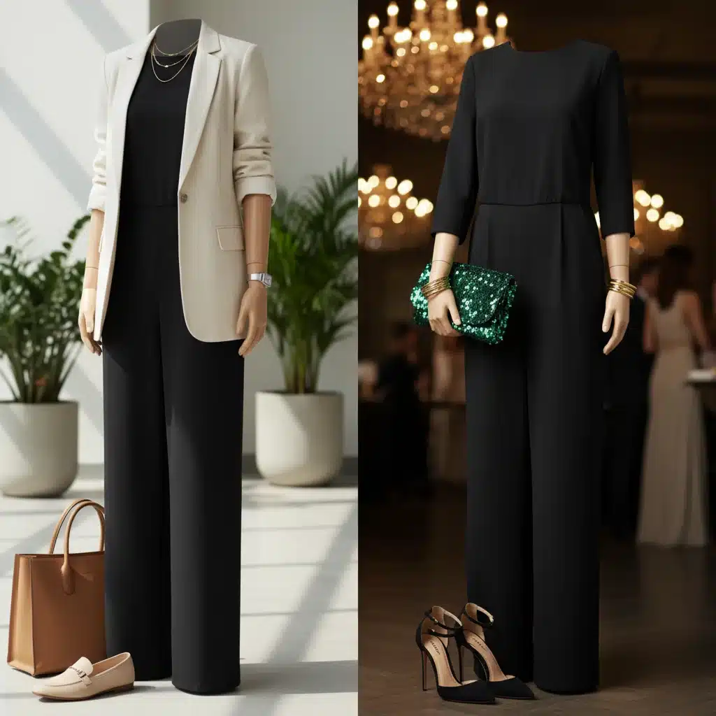 Versatile black jumpsuit styled for day and night