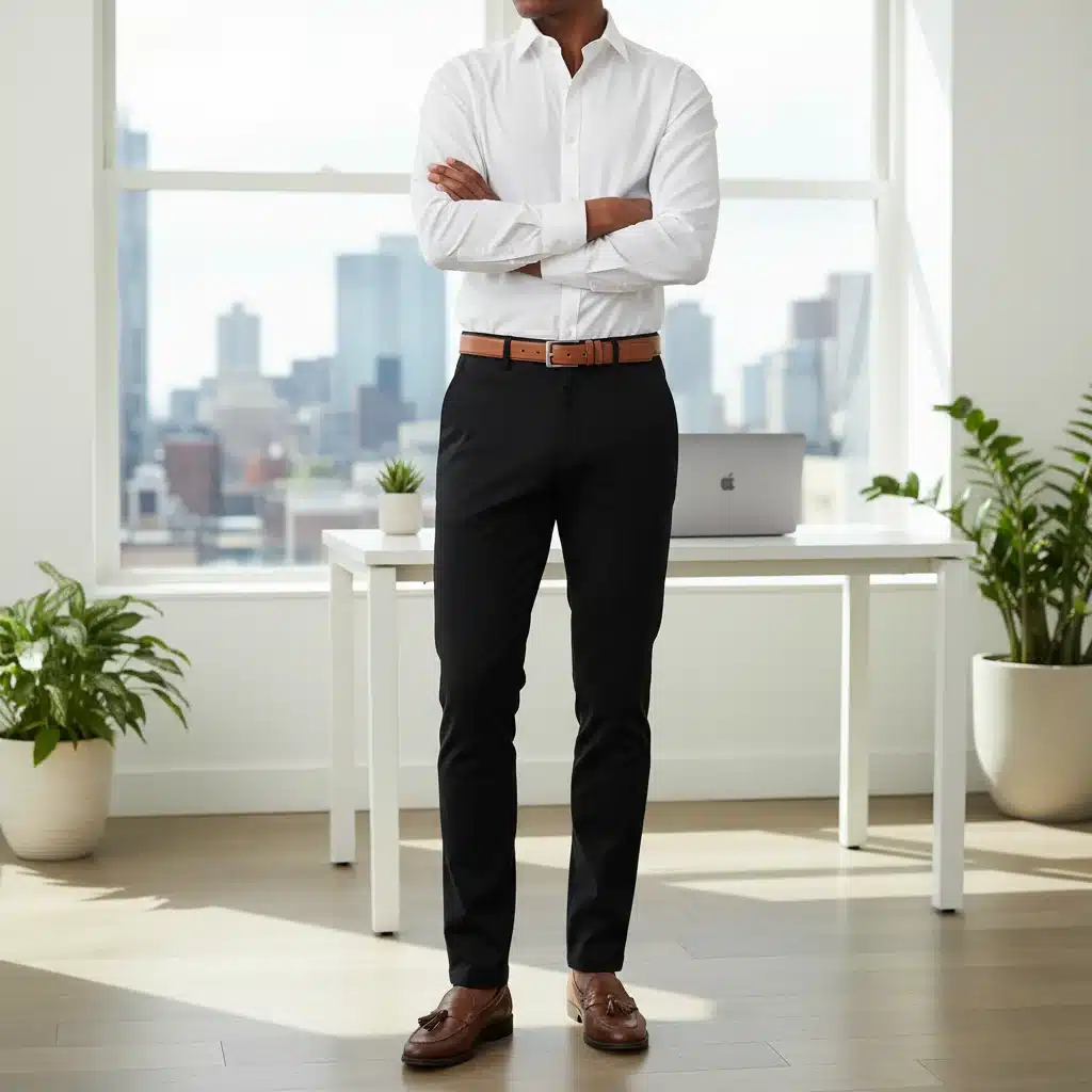 Professional woman wearing a classic white shirt and black trousers, embodying versatility in a work setting.