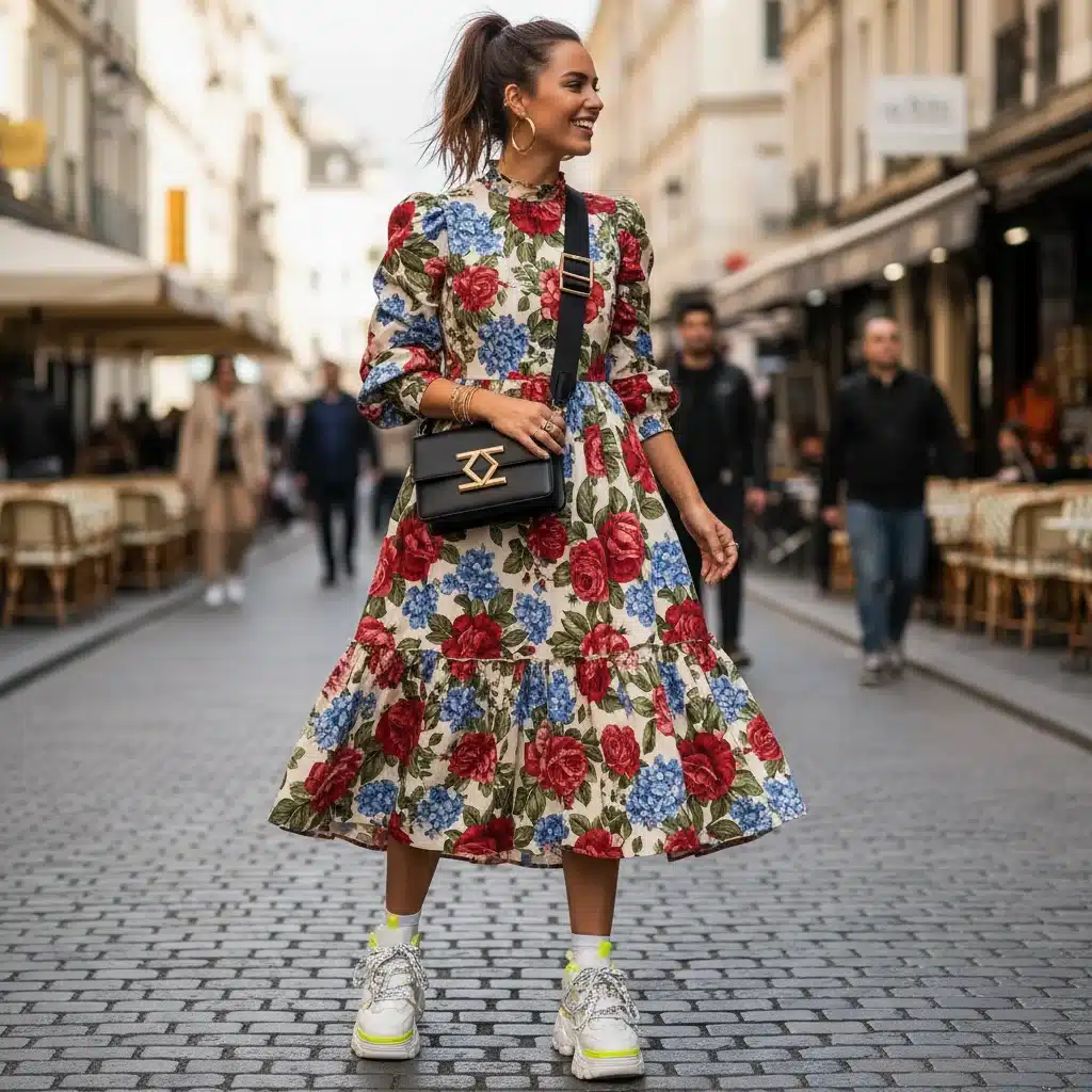 Styling a vintage floral dress with modern sneakers for a contemporary casual look