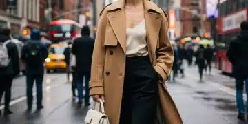 Woman in vintage trench coat blending classic and modern styles in a city setting