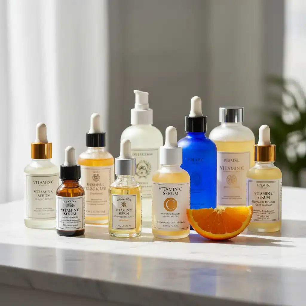 Assortment of vitamin C serum bottles on a marble counter with an orange slice.