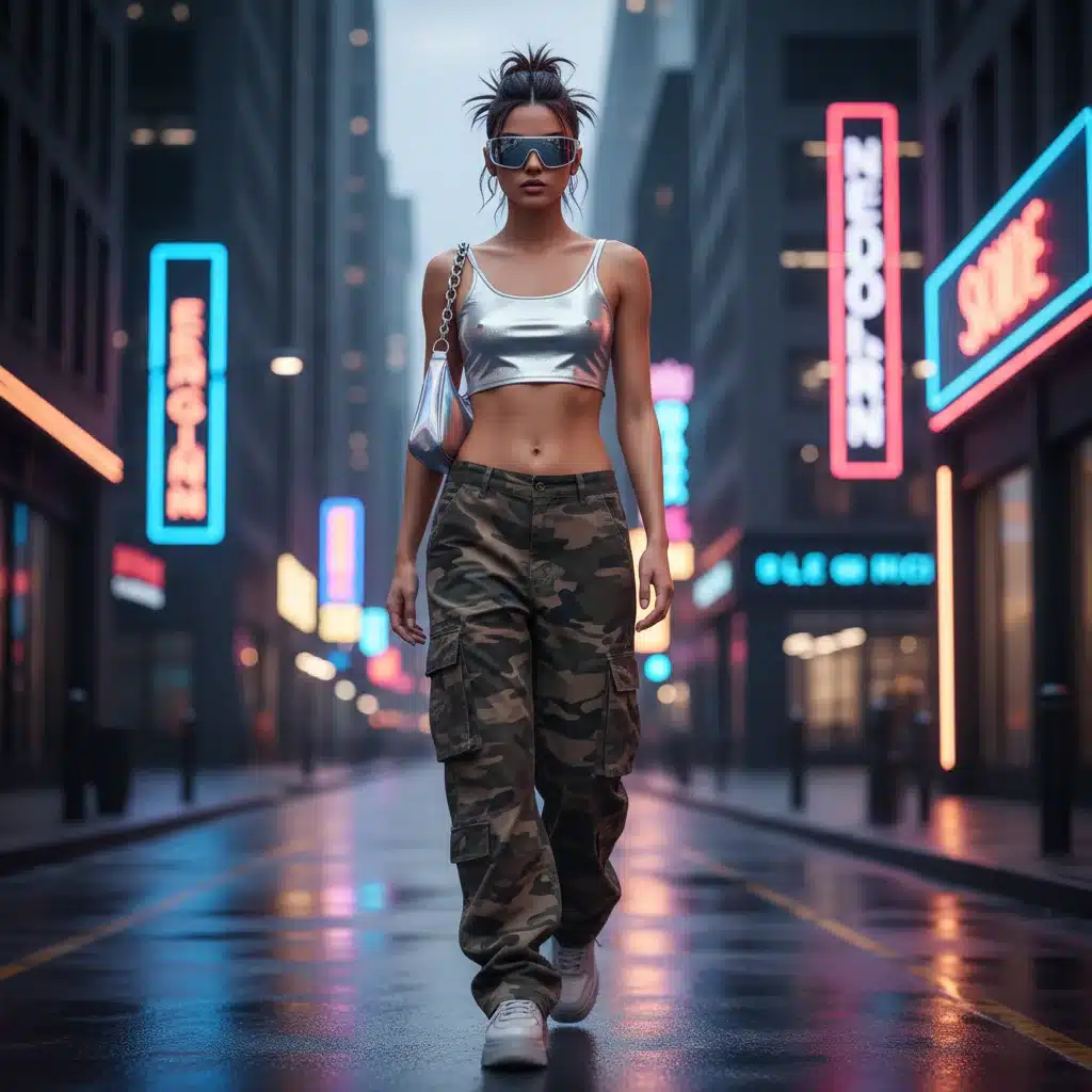 Modern individual in Y2K low-rise cargo pants and metallic crop top