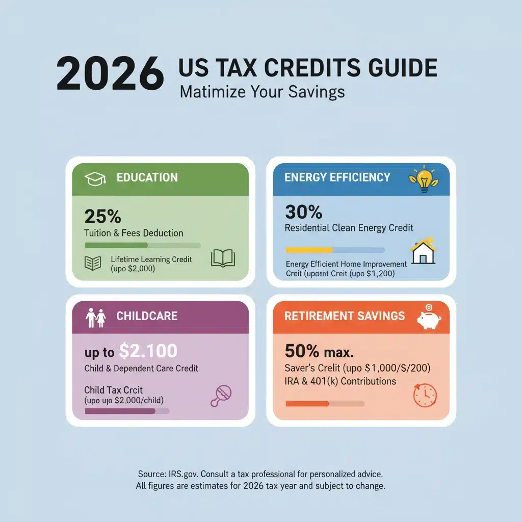 Infographic detailing various 2026 tax credit categories and their benefits.