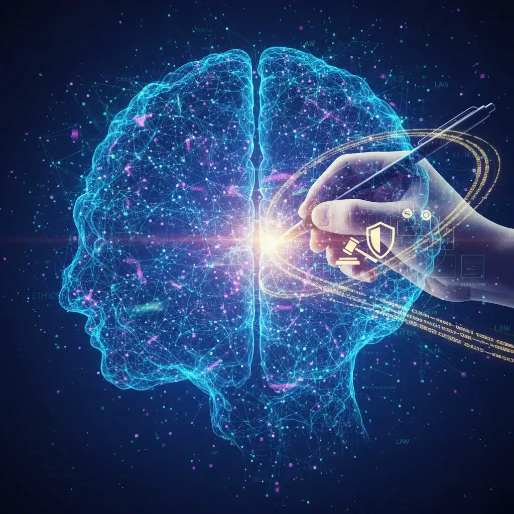 Abstract AI network with human hand symbolizing ethical AI regulation