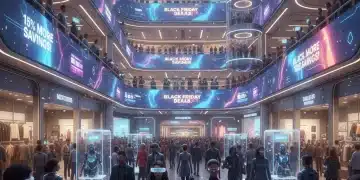 Futuristic shoppers excitedly navigating Black Friday 2026 deals, digital savings displays.
