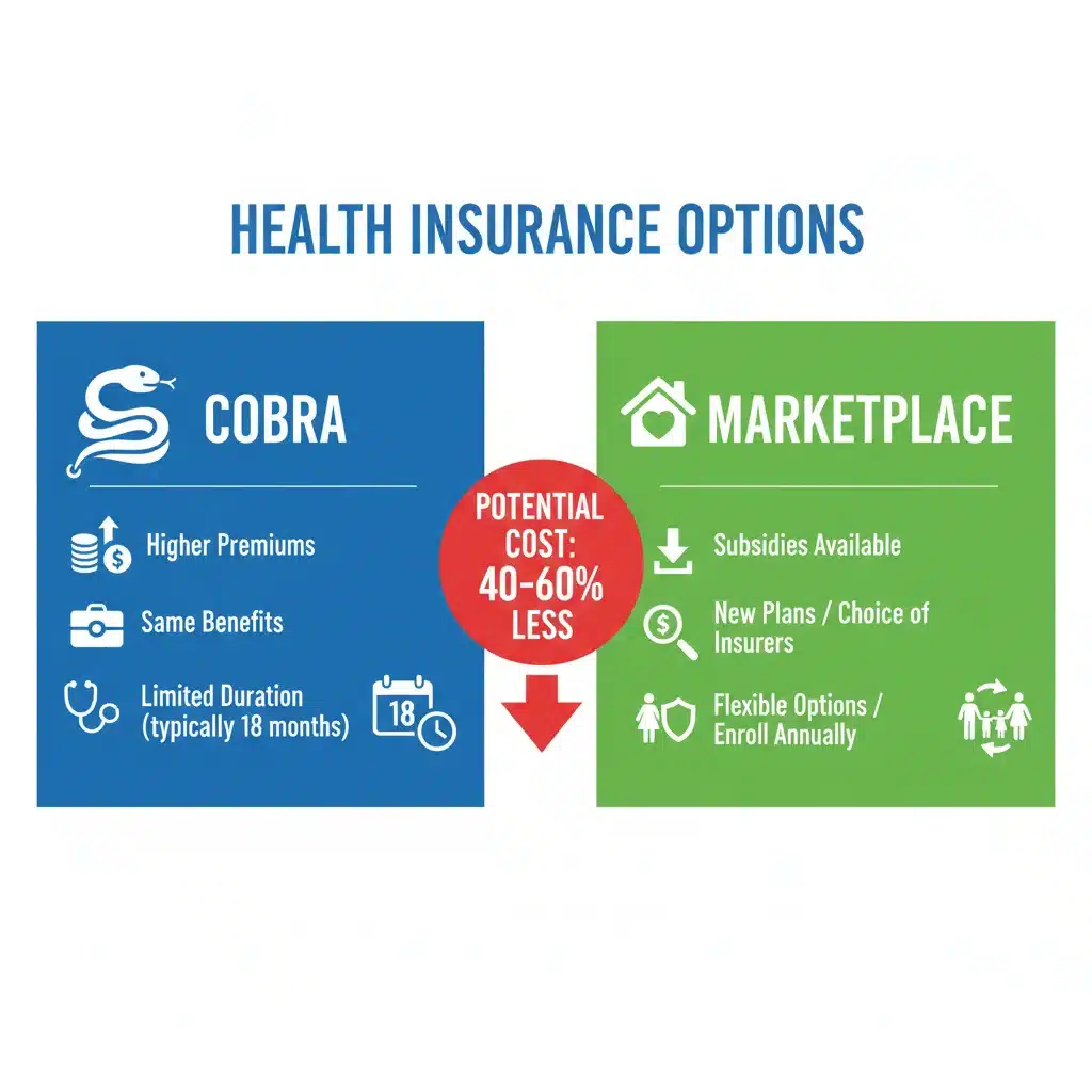 Infographic comparing COBRA and Marketplace plan features and costs