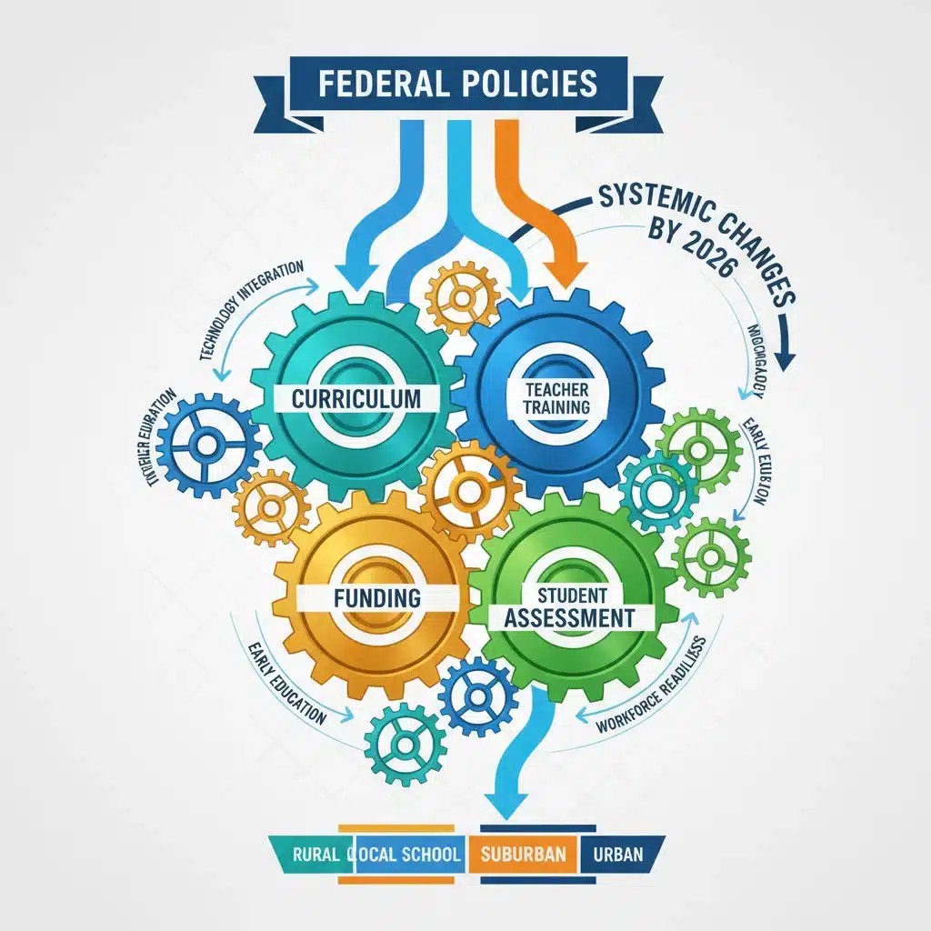 Infographic illustrating systemic impact of federal education policies on K-12 components.