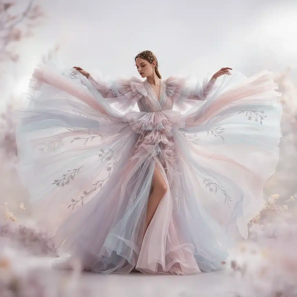 Model in ethereal, voluminous gown with ruffles and sheer layers for Spring 2026.