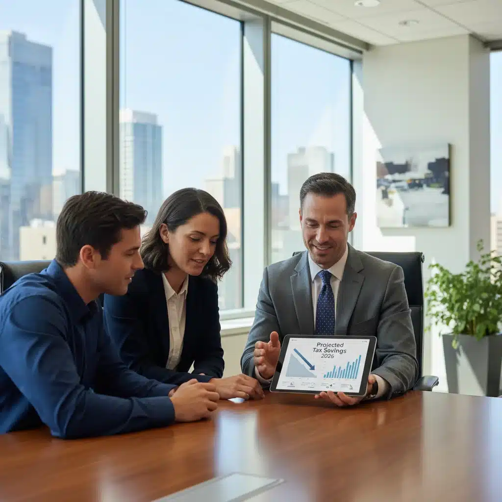 Financial advisor explaining 2026 tax planning strategies to a couple.