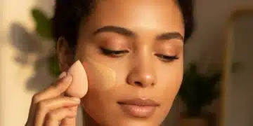 Woman applying liquid foundation with a blending sponge for a flawless finish.