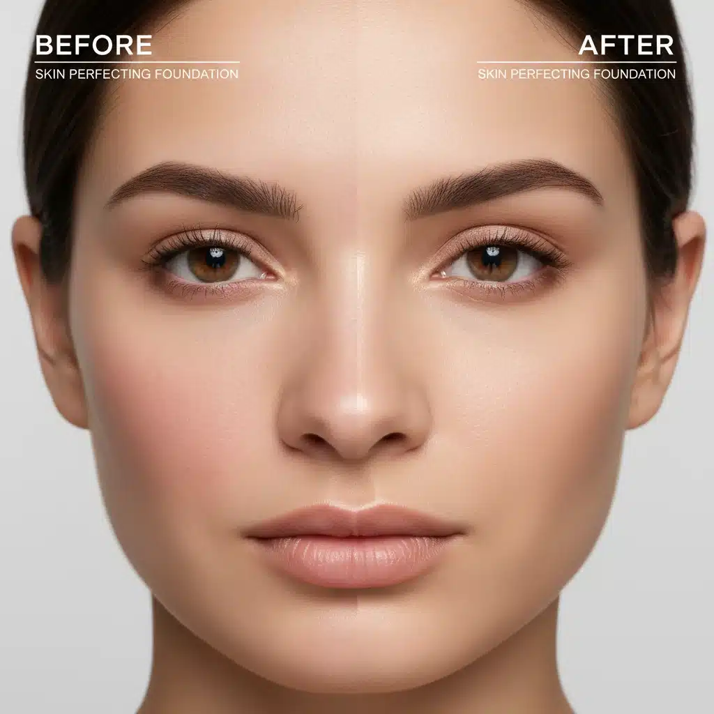 Before and after comparison of foundation application demonstrating a seamless, even skin tone.