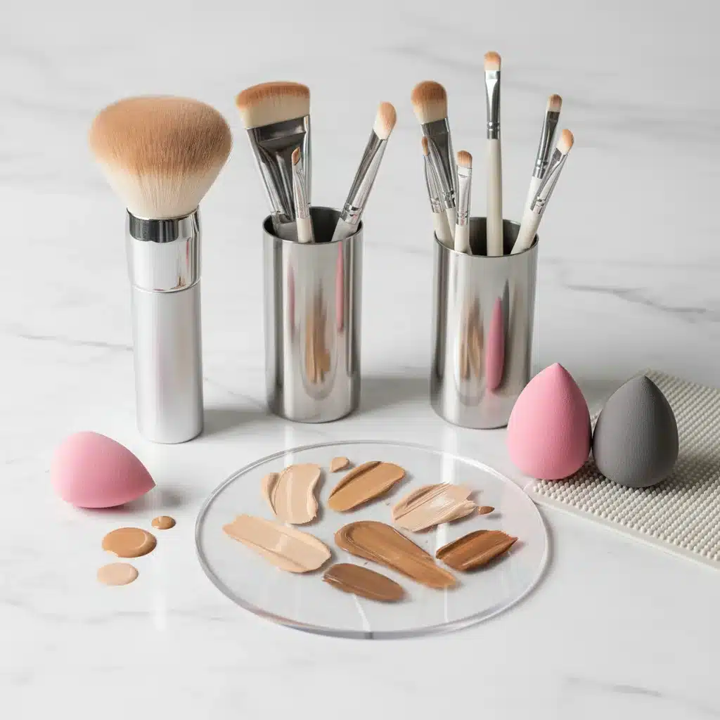 Assortment of foundation brushes and beauty blenders for perfect application.
