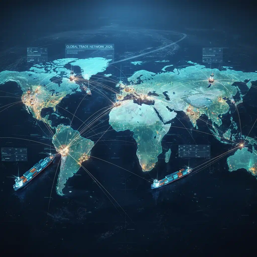 Global supply chain network with ships and interconnected nodes, illustrating international trade dynamics.