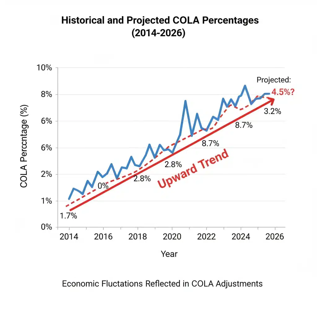 Graph showing historical Social Security COLA percentages and a projected future increase.