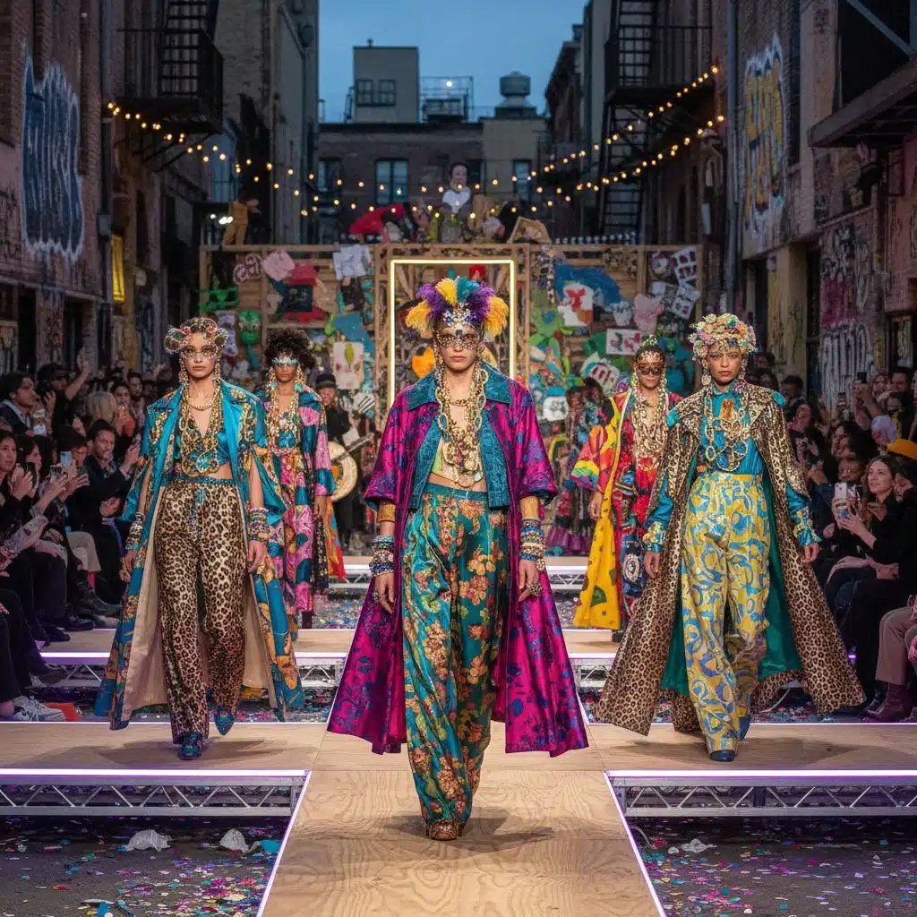 Maximalist fashion runway with bold colors and layered patterns