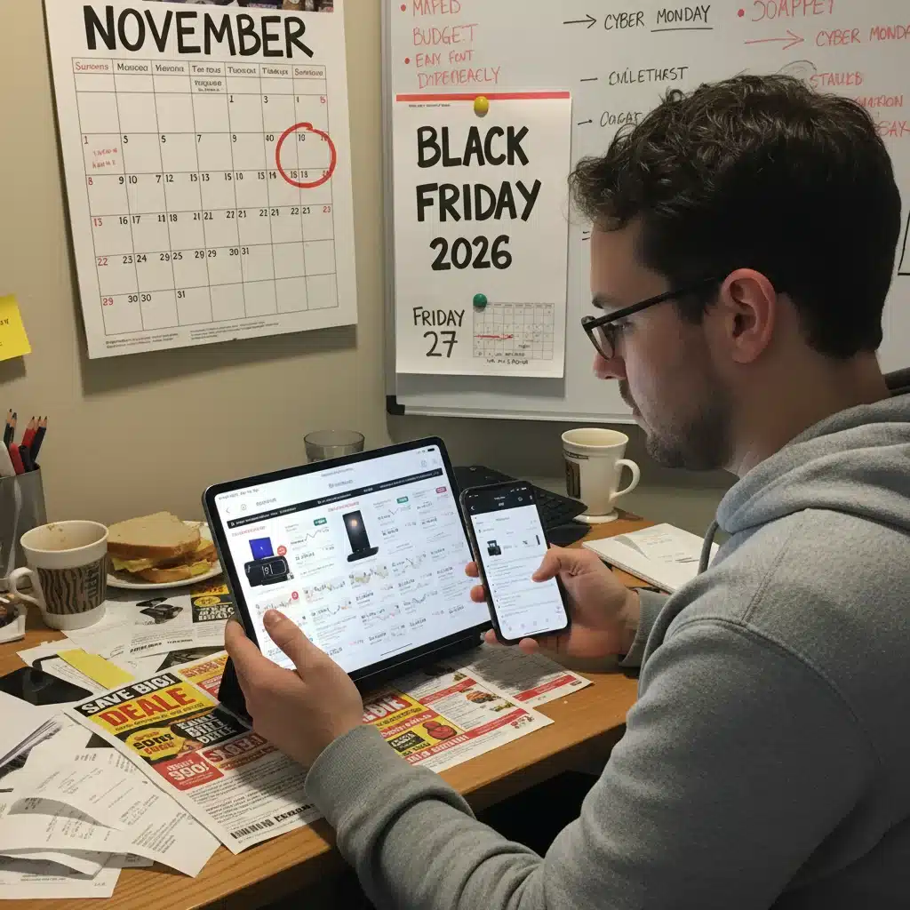 Shopper comparing prices on multiple devices for Black Friday 2026 deals.