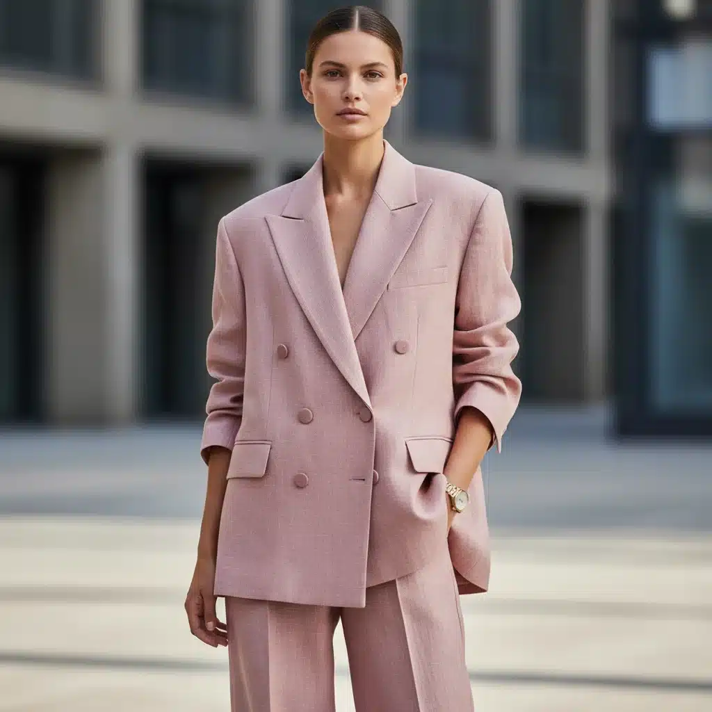 Model in oversized blazer and wide-leg trousers, embodying relaxed power dressing.