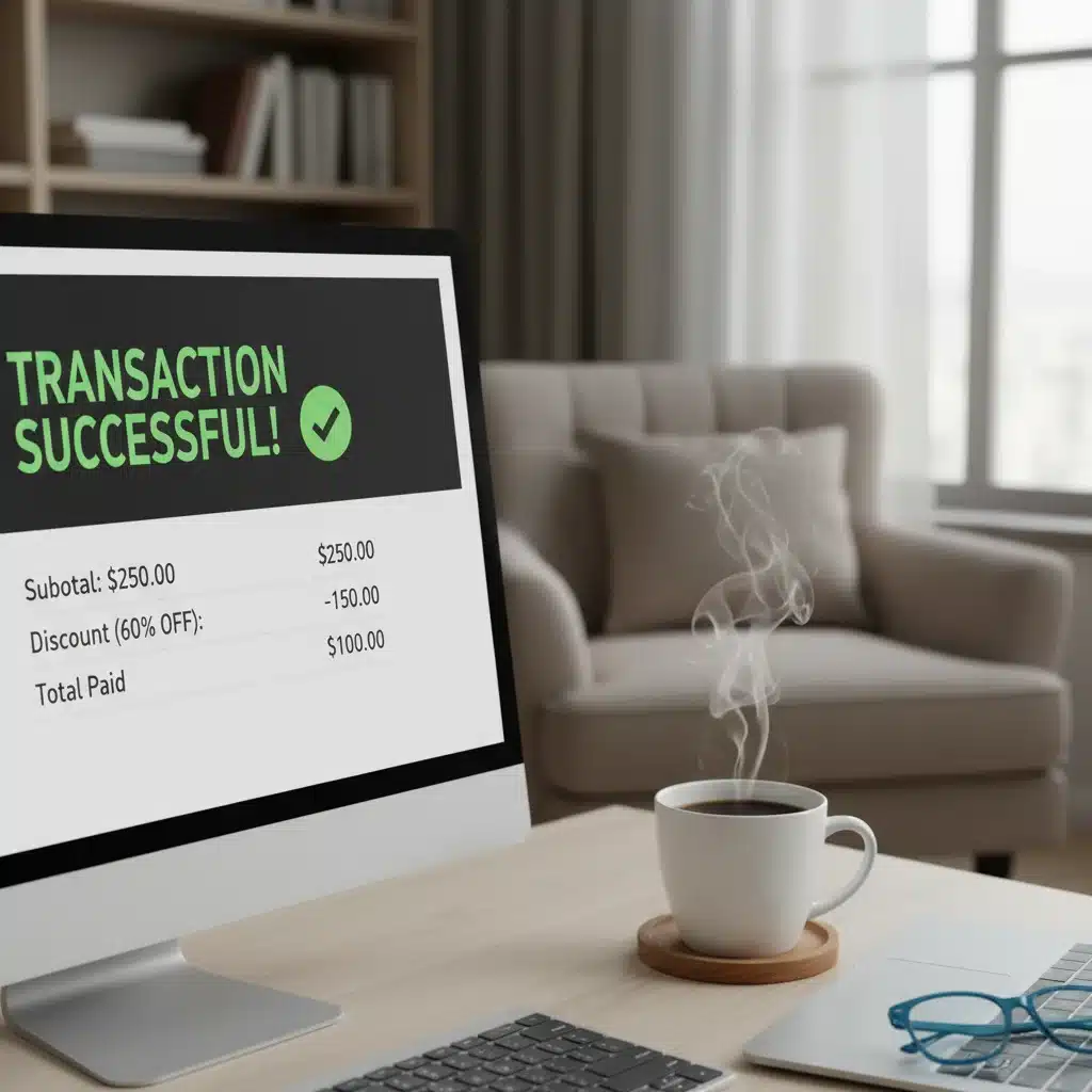 Successful online Black Friday 2026 transaction with discount applied, home setting.