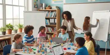 Project-Based Learning: Boost Academic Gains in US Classrooms by 2026 Students collaborating on a science project in a modern classroom, demonstrating active Project-Based Learning.