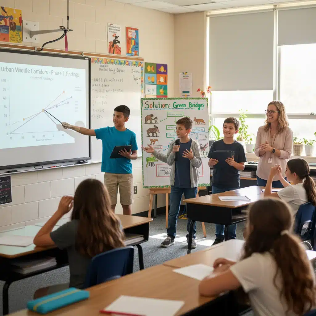 Middle school students confidently presenting their Project-Based Learning findings to classmates and teacher.