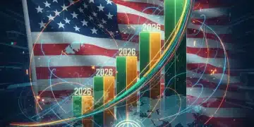 Illustration of strong US economic growth in 2026, showing a rising graph and global connections.