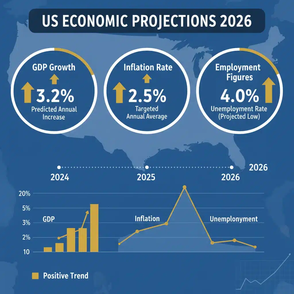 Infographic displaying key US economic indicators and positive projections for 2026.
