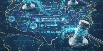 Digital network over US map with legal gavels, representing technology legislation