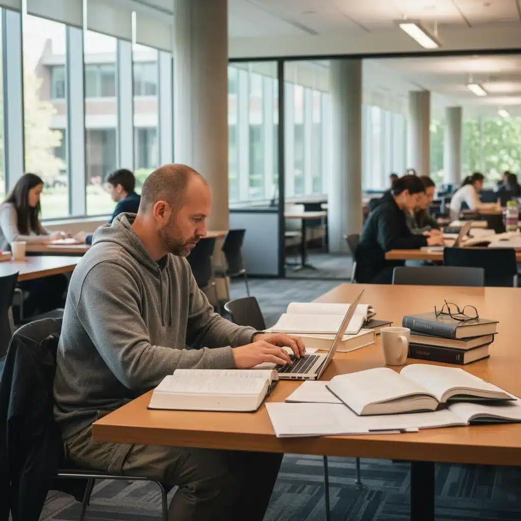 Veteran student studying at a laptop in a library, representing educational assistance.