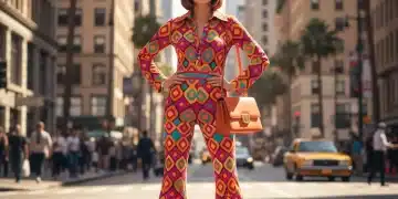 Woman in 70s-inspired jumpsuit, showcasing retro fashion trends reimagined for 2026.