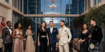 Diverse group in elegant formal wear at a modern event, embodying American dress codes for 2026