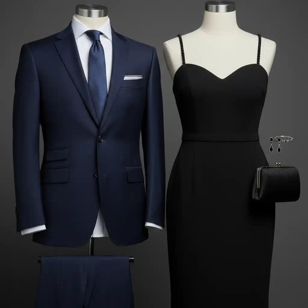Business formal suit and cocktail dress side-by-side, illustrating American dress code versatility