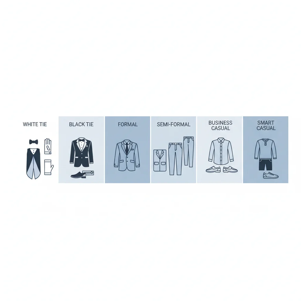 Infographic detailing various American dress code levels from white tie to smart casual