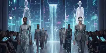 Futuristic runway with models in tech-integrated fashion, showcasing innovation.