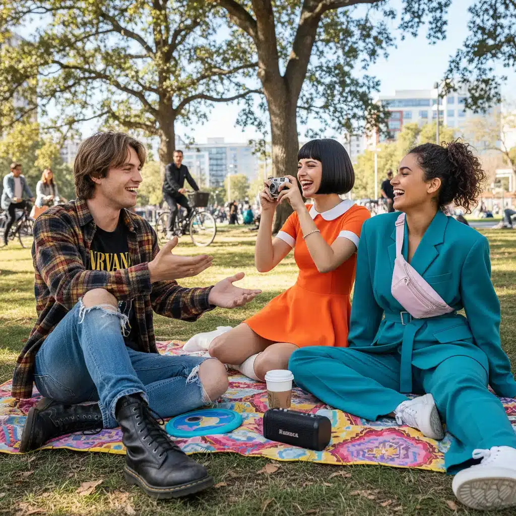Diverse young adults showcasing mixed retro fashion styles in a modern park setting.
