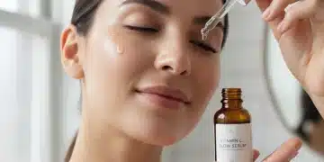 Woman with glowing skin applying vitamin C serum for a brighter complexion