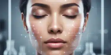 Radiant woman's face glowing with futuristic skincare technology