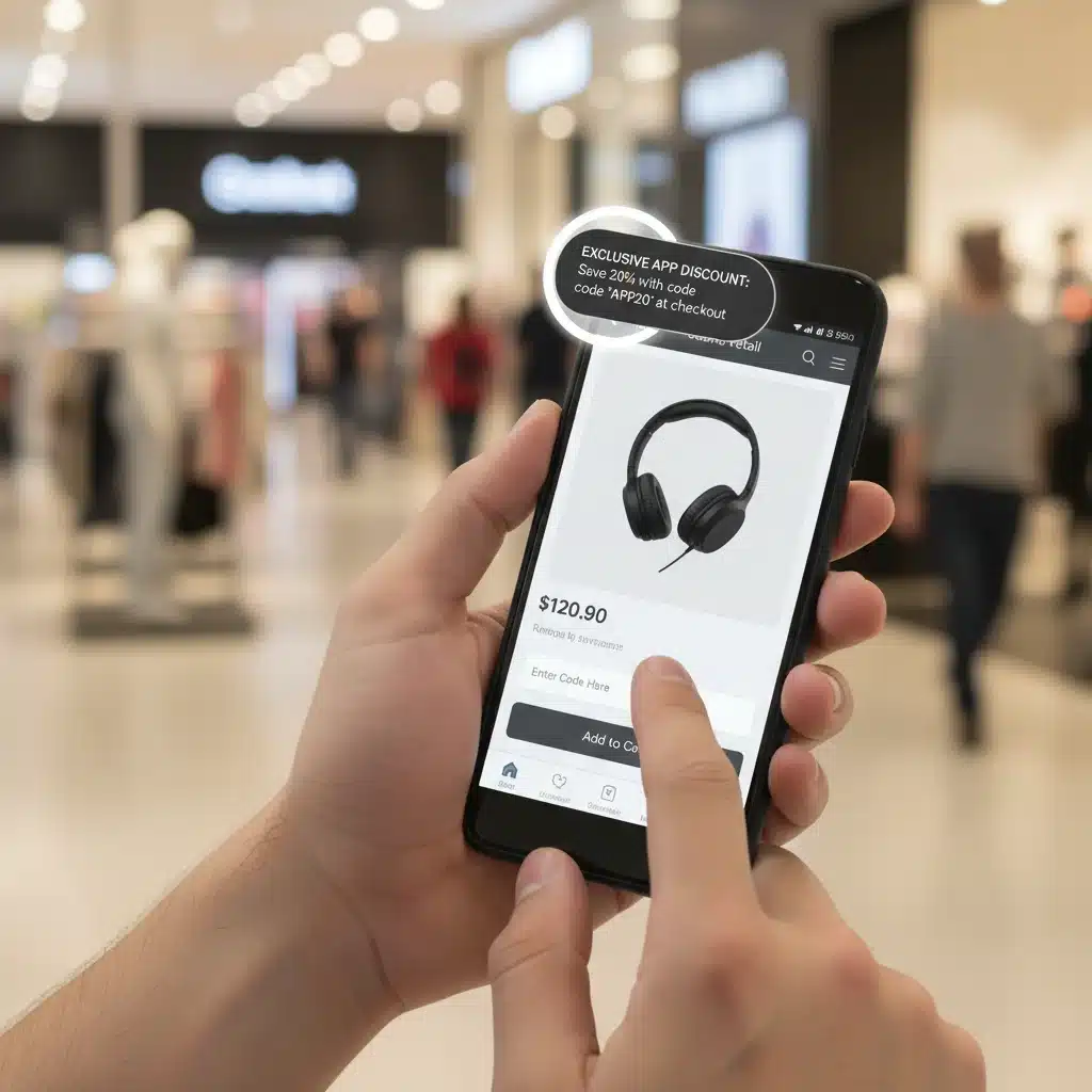 Person using a shopping app to redeem an app-exclusive discount code.