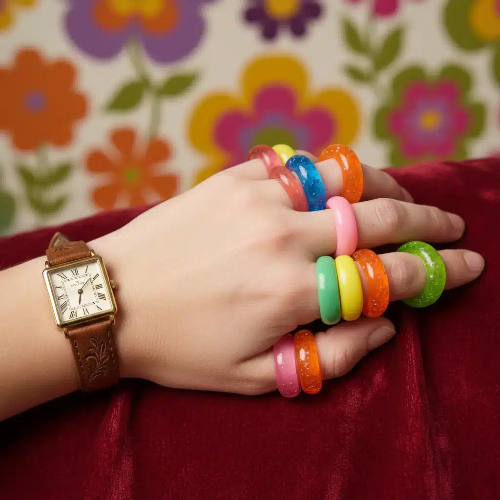 Hand with chunky acrylic rings and vintage watch, against a colorful retro fabric background.