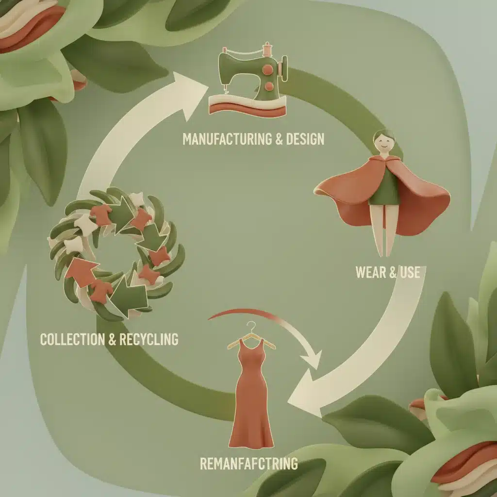 Circular economy in fashion, illustrating sustainable design and recycling.