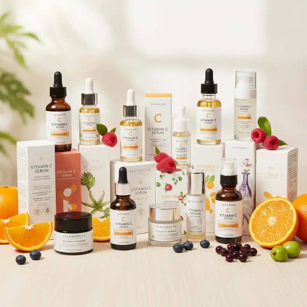 Variety of vitamin C serum products and ingredients for skin brightening